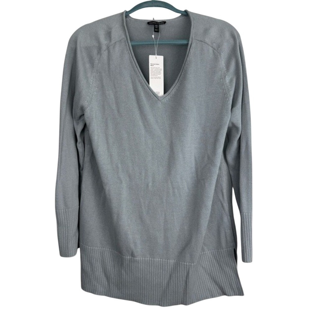 Eileen Fisher Frost Grey V-Neck Knit Sweater Small S NWT F4BSV-W6184M Box Top